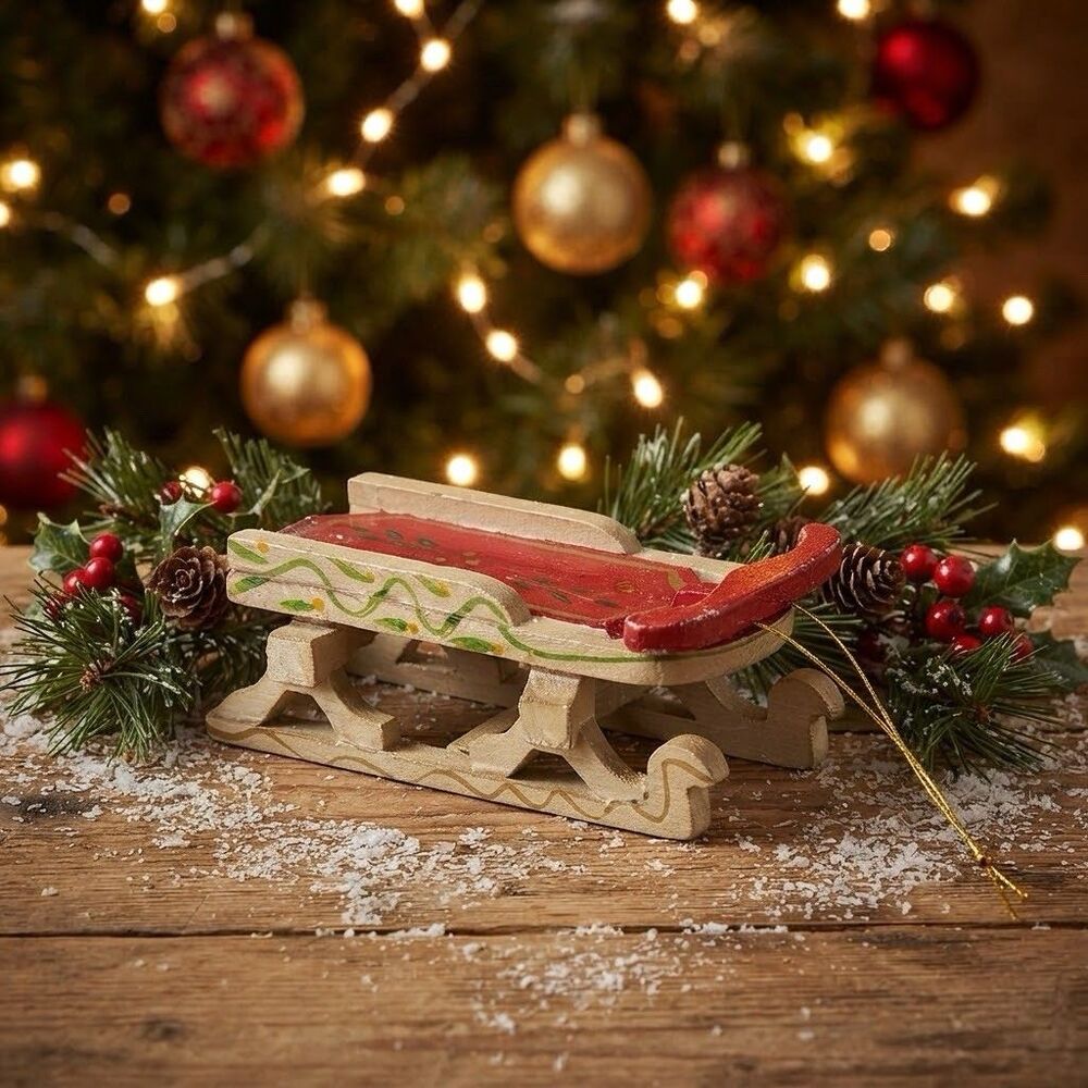 Vintage 1980s Wooden Sled Christmas Ornament Hand Painted Folk Art Red Taiwan